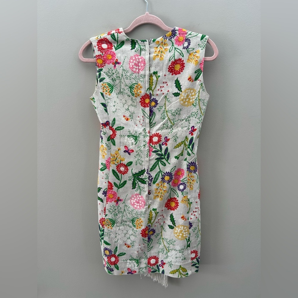 Vintage Floral Fringe Tassel Tie Front Sleeveless A-Line Burlap Airy Mini Dress - Picture 6 of 8